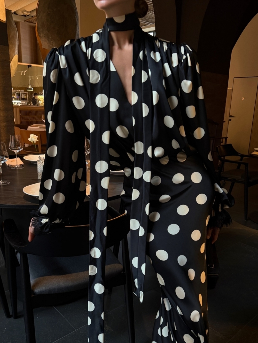 Polka Dot Dress Print Hanging Neck V-neck Bubble Sleeve Cinched Waist Fish Tai - Picture 7 of 12